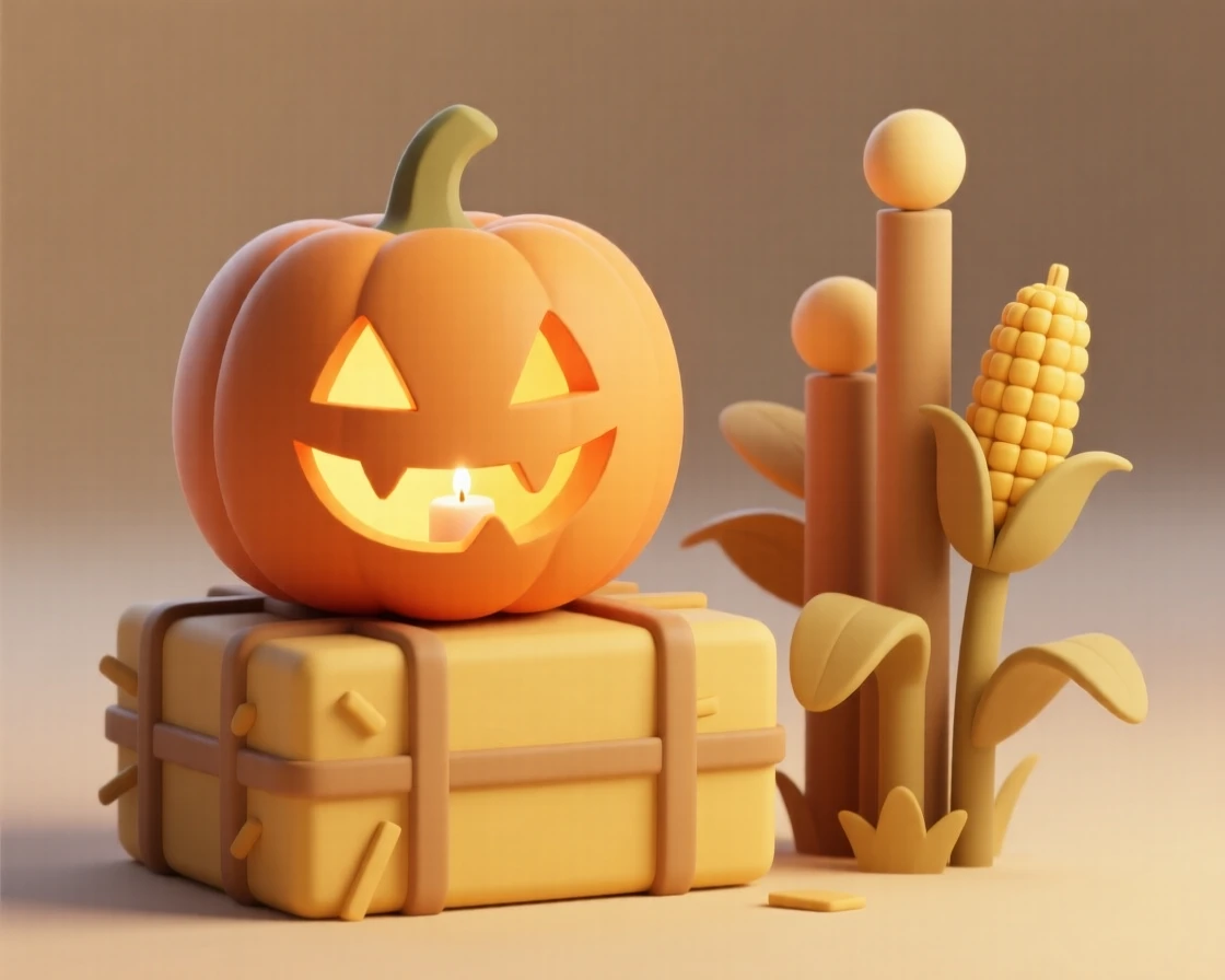 A mischievous jack-o-lantern grins with a flickering candle glow, perched on a hay bale beside autumn corn stalks.