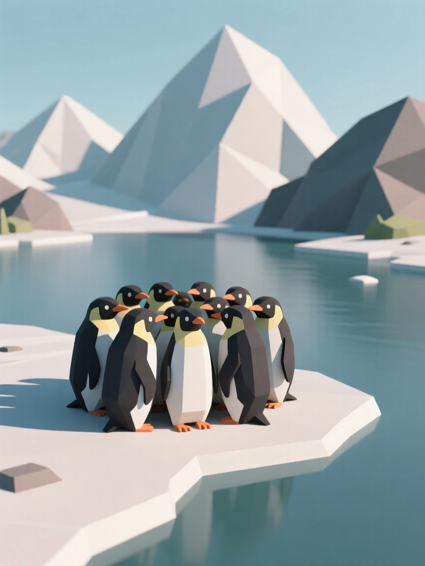 A colony of penguins huddled together, beside a crystal-clear mountain lake. the composition centers the subject with a shallow depth of field. It captures a fleeting moment of freedom.