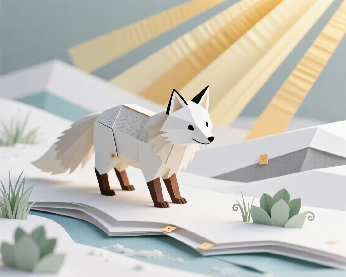 A fluffy arctic fox wandering through a snowy landscape, with soft golden light catching its fur, evoking cozy, heartwarming charm.