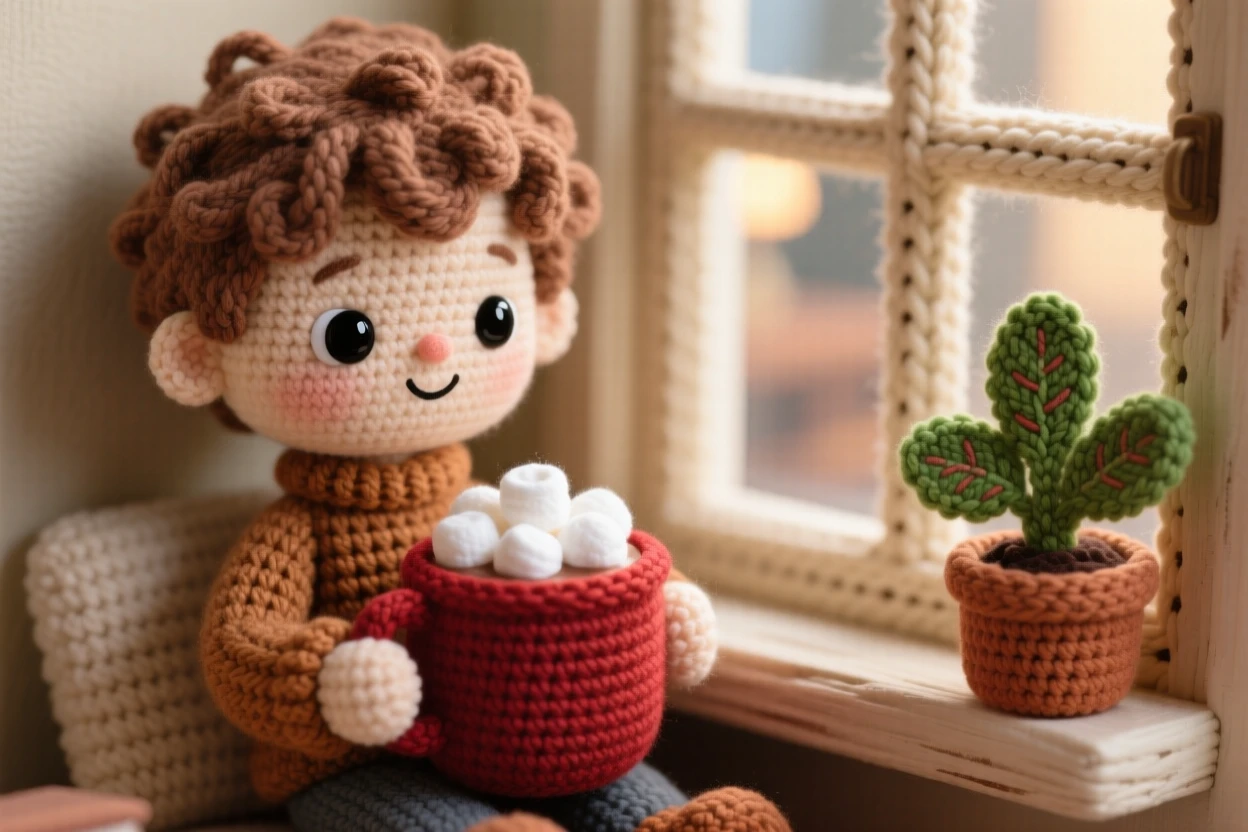 a small boy sipping hot cocoa, with marshmallows piled high, warming both hands around the mug, in a cozy reading nook tucked beside a window, with a small potted plant on the windowsill nearby, radiating tender, unspoken affection.
