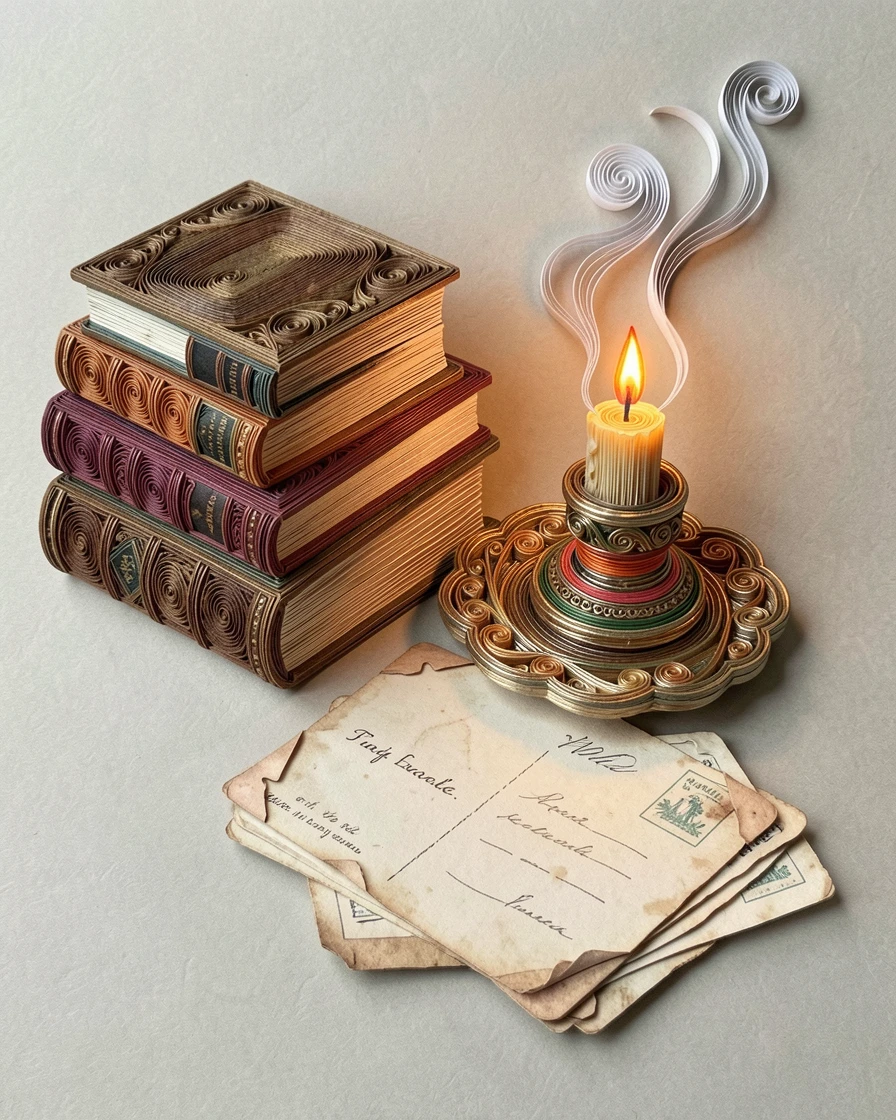 A cozy still life of a stack of vintage books beside a lit candle on a tray beside a stack of vintage postcards, with soft steam rising gently into the air, arranged in an appetizing overhead flat-lay composition.