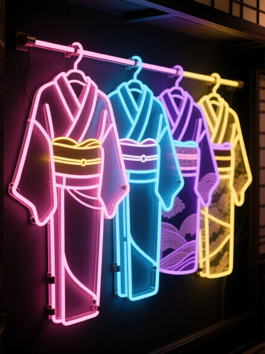 A rack of tailored kimonos displayed in a traditional shop.