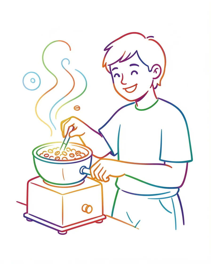 A person roasting coffee beans at home, steam rising from the roaster.