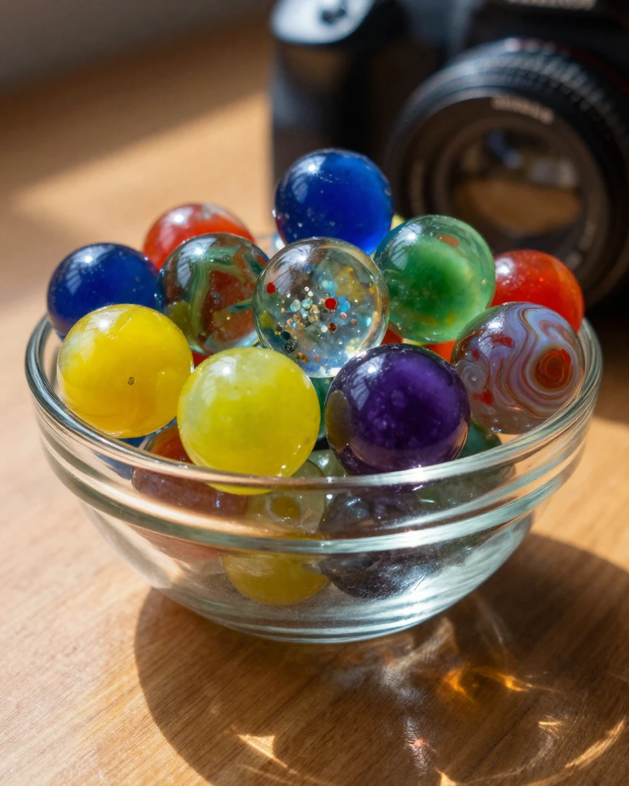 A bowl of colorful marbles catching the light