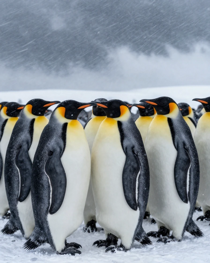 A group of penguins huddled together against a fierce Antarctic blizzard