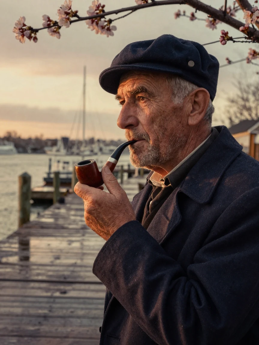 An old sailor with a pipe, gazing out over a harbor, in warm morning light, just after a rain shower, with puddles reflecting the sky, as spring blossoms unfurl, in earthy terracotta and ochre shades, in a tight close-up.