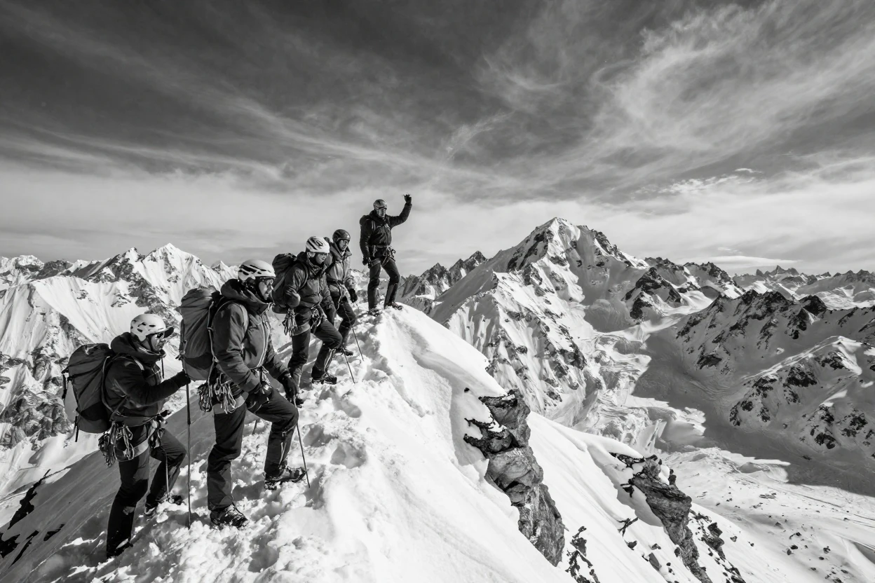 A group of climbers reaches a snow-covered summit atop a windswept Himalayan peak.