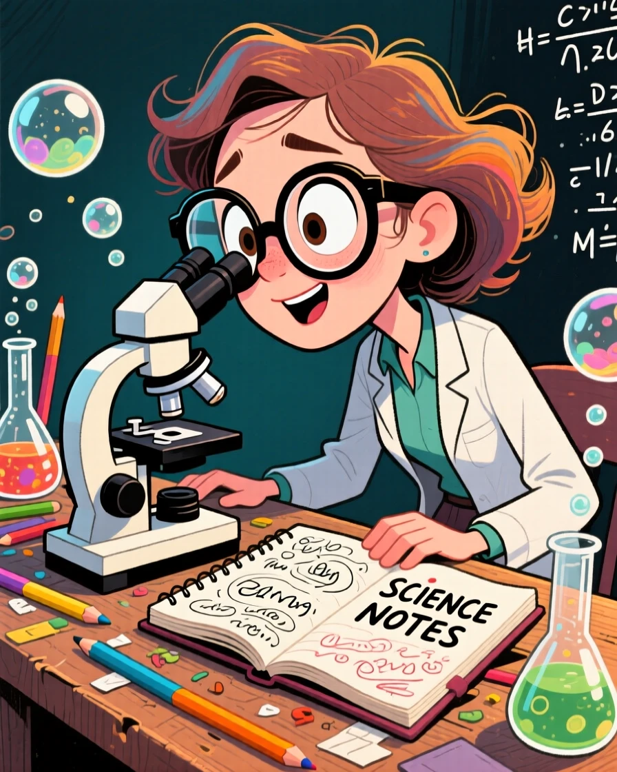 A scientist peering through a microscope, notebook full of scribbled observations beside her.