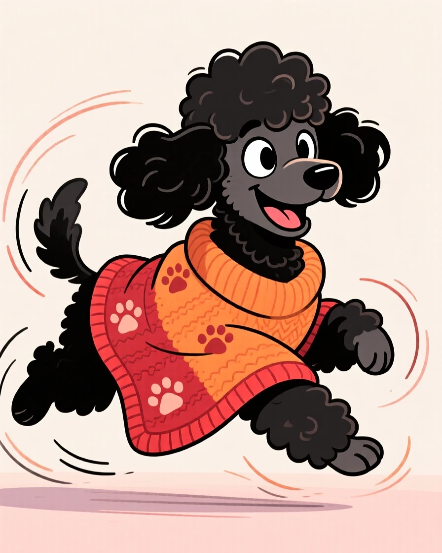 A playful pet moment featuring a proud show poodle chasing its own tail in dizzy circles, wrapped in a cozy blanket.