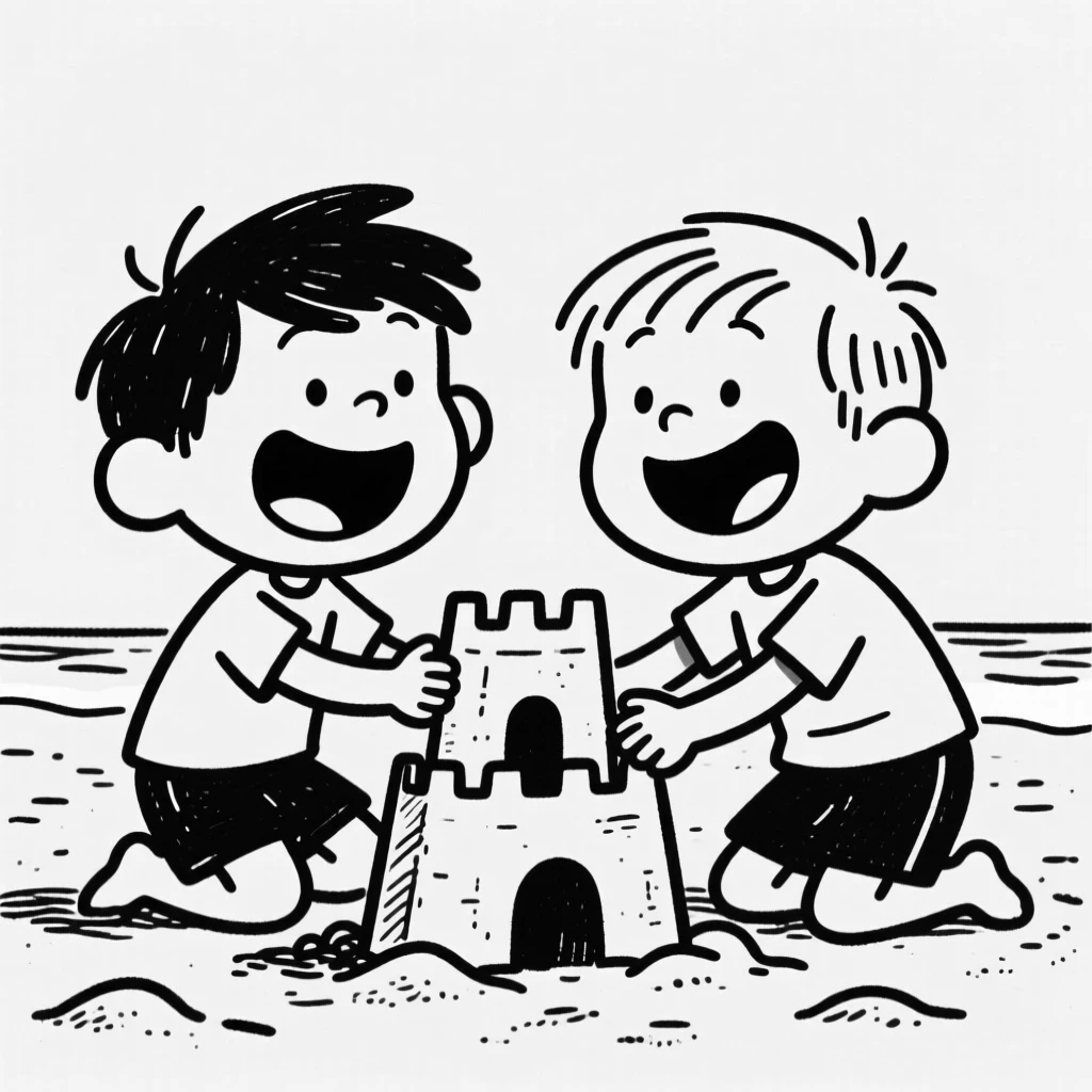Two kids sharing a giggle while building a sandcastle at the beach.