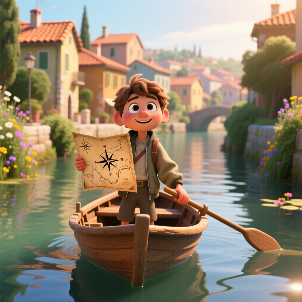 A young explorer with a map in hand stands on a small boat gliding through a quiet canal, letting the wind catch their jacket. The scene feels vast, calm, and full of possibility, with terracotta rooftops stretching into the distance.