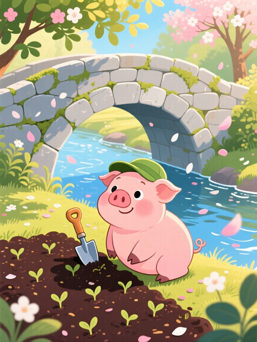 A chubby piglet pauses from planting seeds in a garden bed to look up in a stone bridge over a creek, with petals drifting gently down.