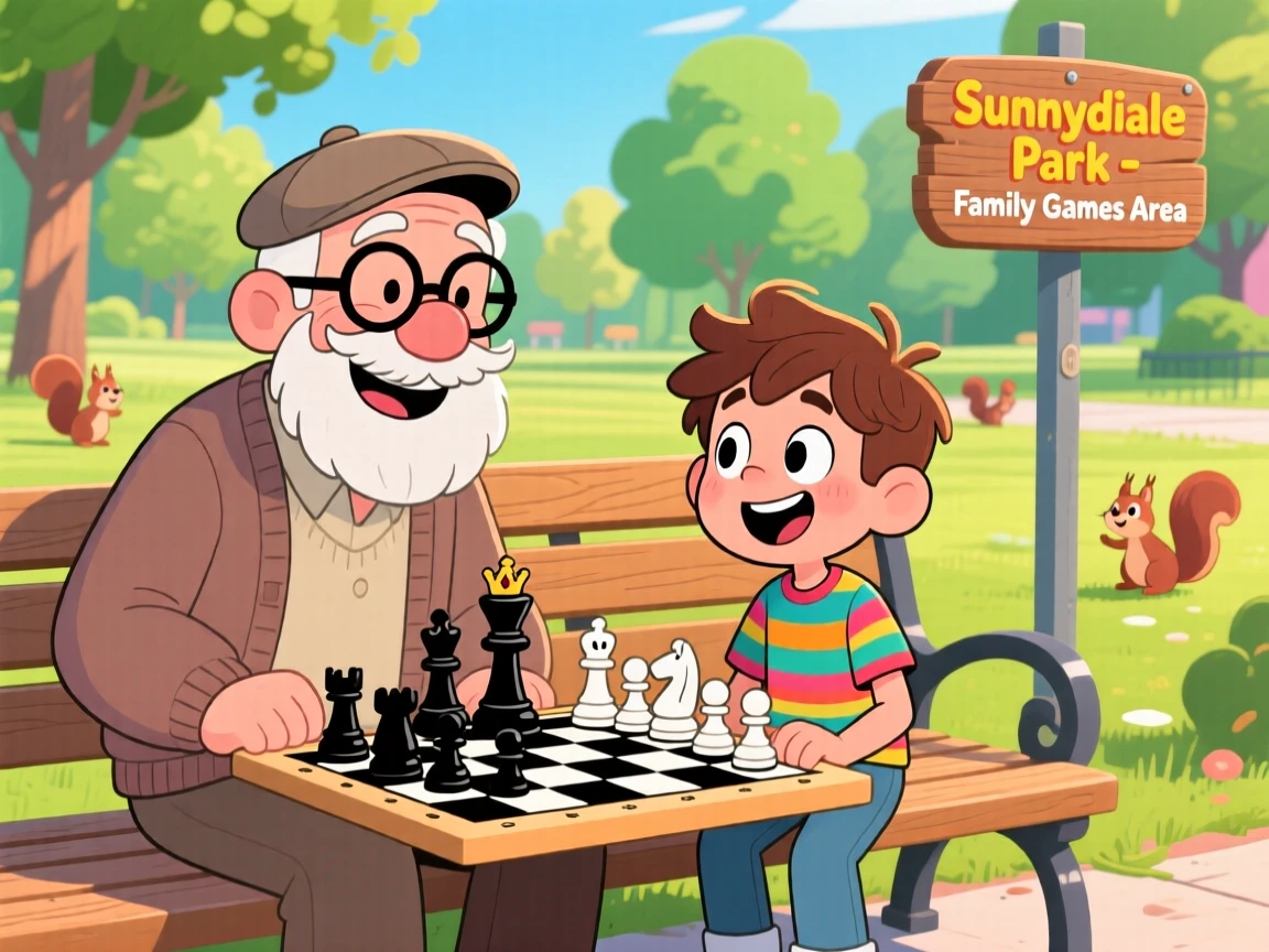 A chess match between a grandfather and grandson on a park bench.