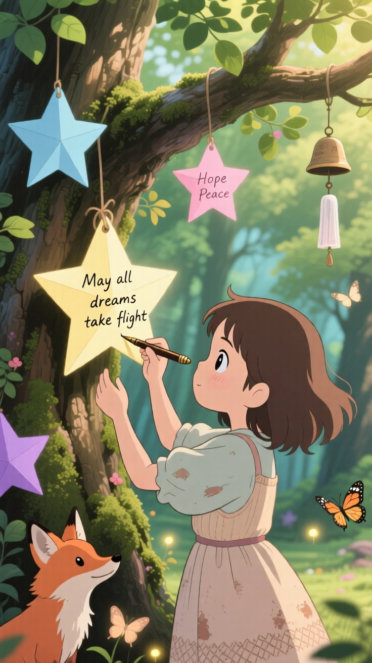 A tender moment of a girl writing a wish on a paper star before hanging it on a tree, the scene filled with hope.