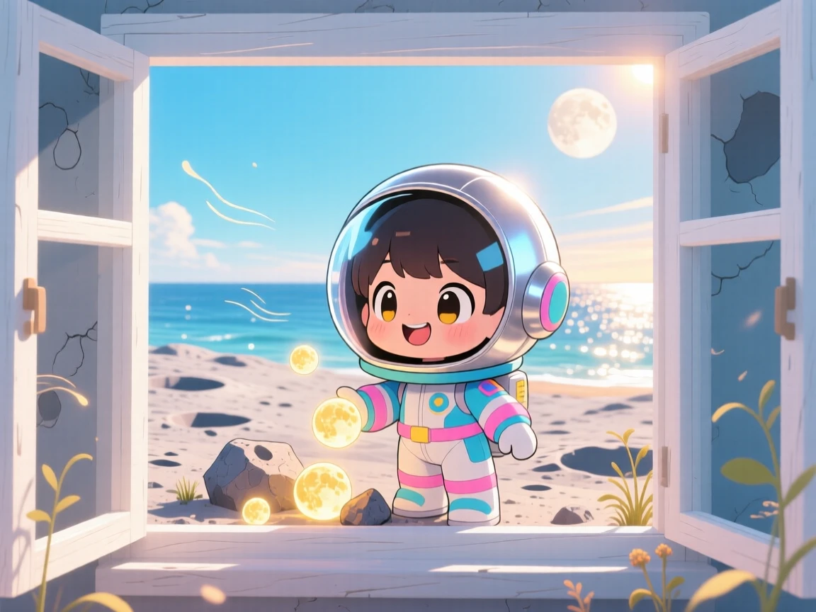 Framed through a window: a child in a space helmet, collecting glowing moon rocks, set against a cratered lunar surface on a breezy coastal afternoon, with shimmering reflected light off water and a mood of giggling amusement.