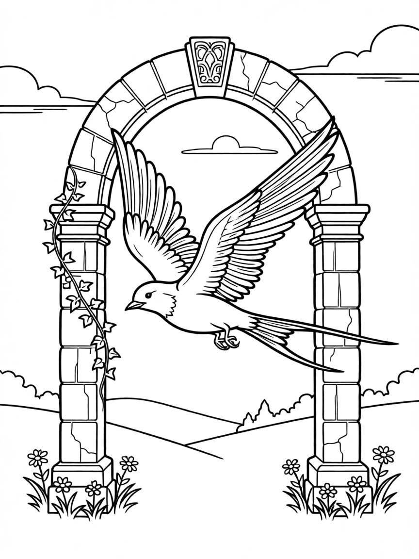 A swallow diving through an old stone archway, with dramatic feather detail catching the wind.