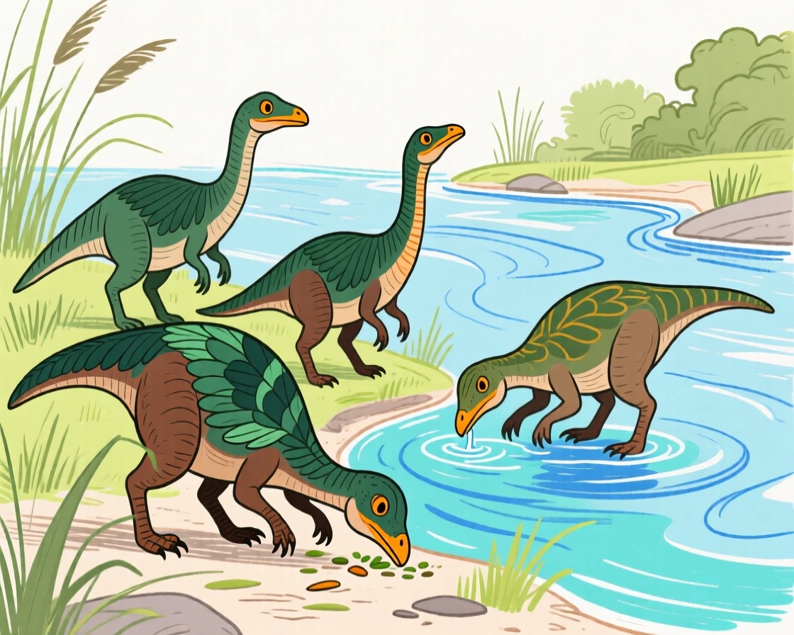 A group of small feathered dinosaurs foraging near a river.