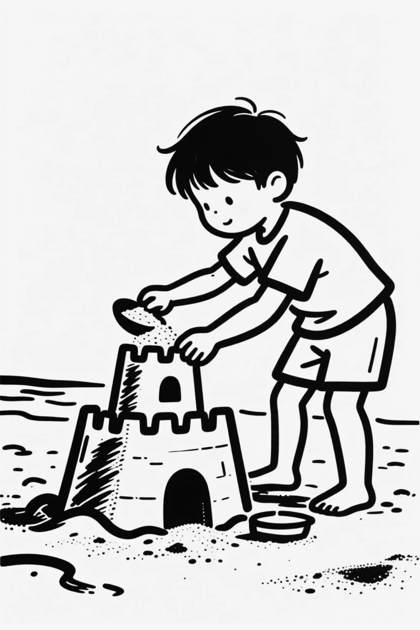 A child building a sandcastle on a sunny beach.