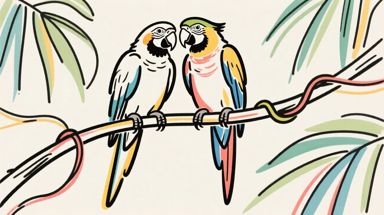 A pair of parrots perched together on a jungle vine.