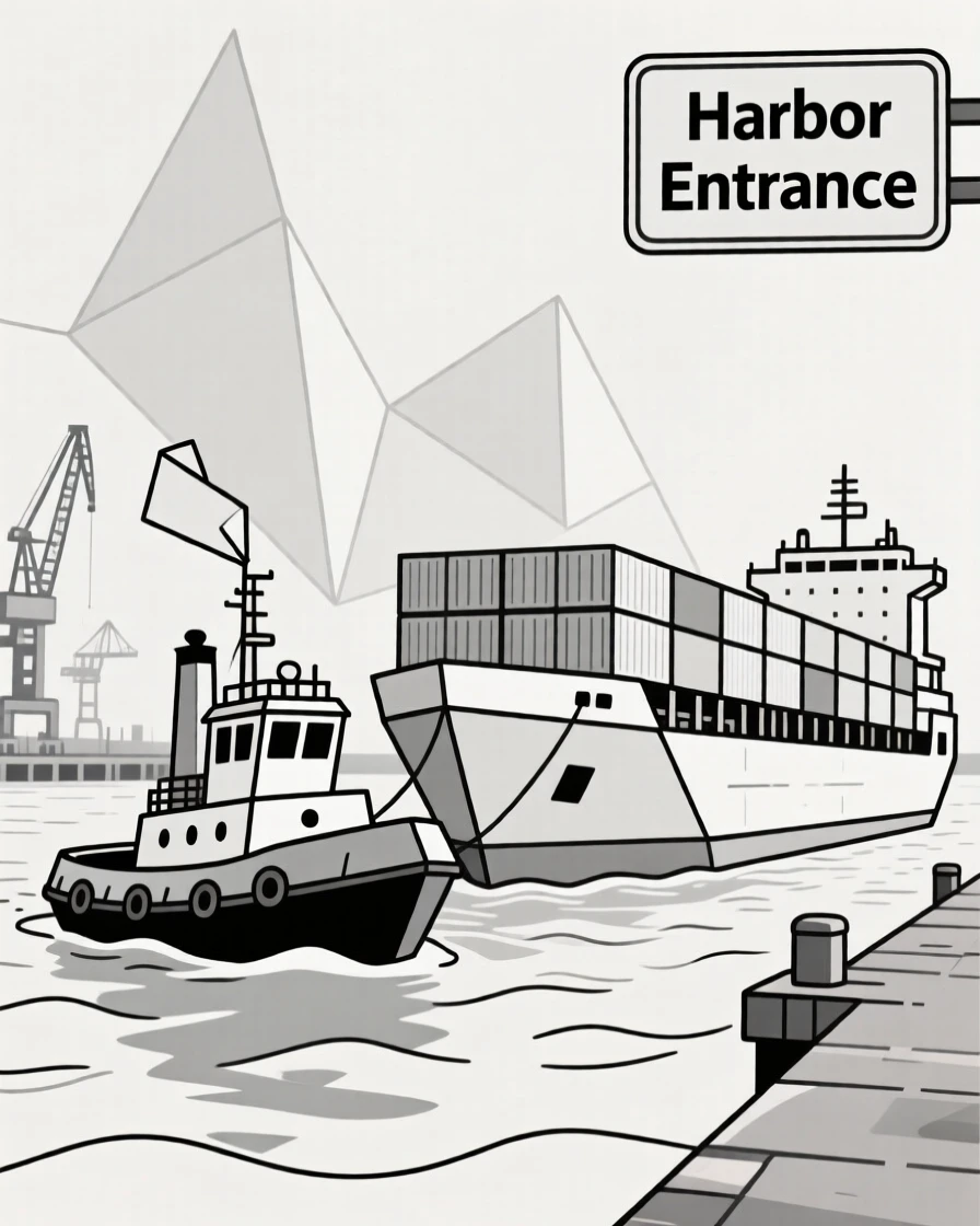 A tugboat guiding a large cargo ship into harbor