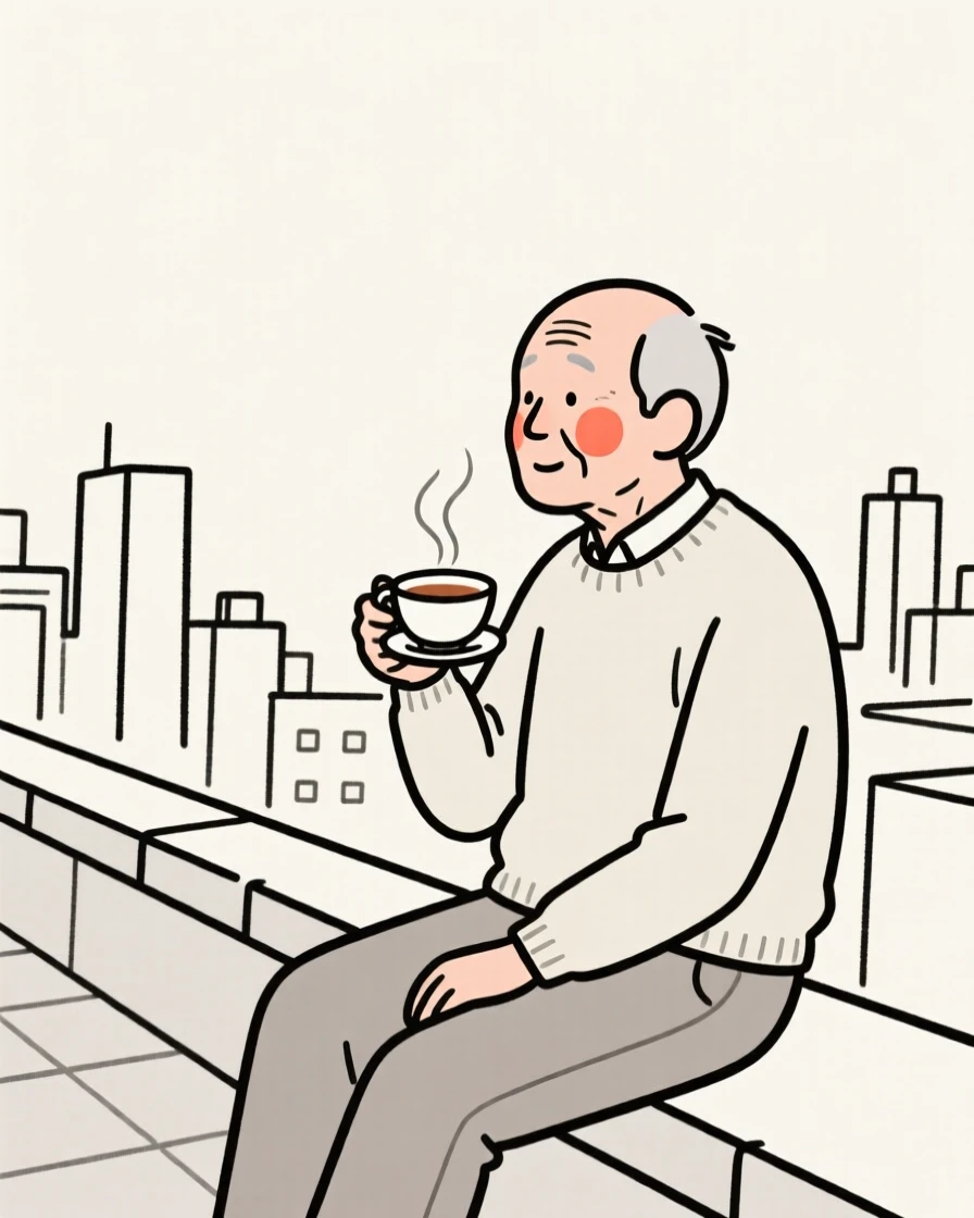 An older man savoring a quiet cup of tea, on a rooftop overlooking the city.