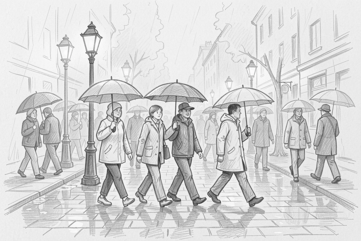 A candid slice-of-life scene of commuters crossing a busy city street in the rain on a quiet cobblestone lane, with quiet everyday contentment.