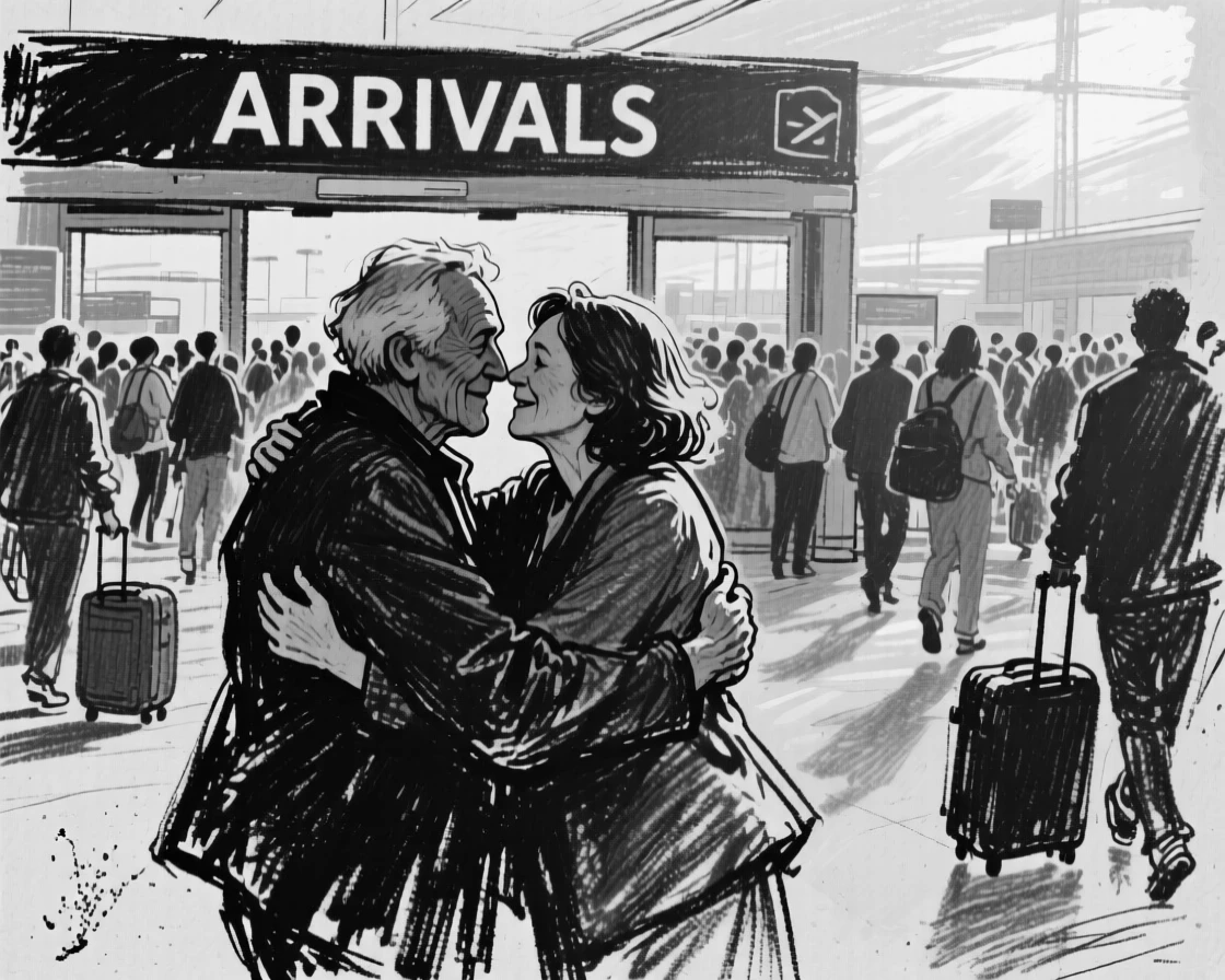 An old friend reunion at a busy airport arrivals gate, as golden afternoon sun spills across the scene.