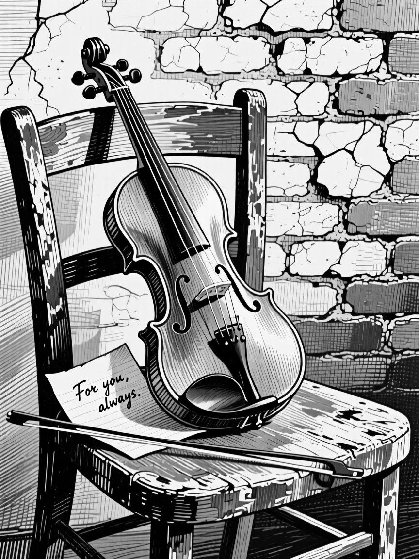 A violin resting on a chair set against a weathered brick wall, with a folded note tucked alongside it, forming a richly textured still-life study.
