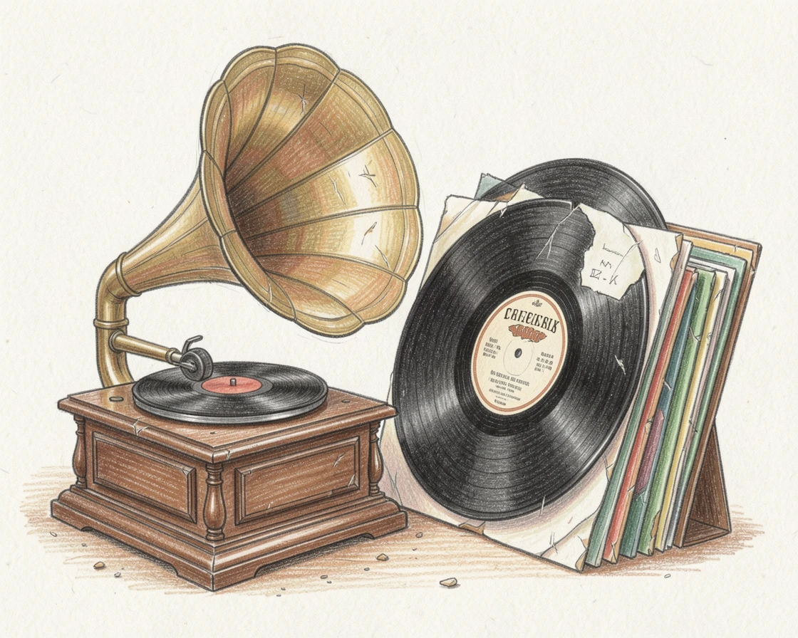 An old gramophone playing beside a stack of vinyl records, with a nostalgic, well-loved quality, perfect for a vintage-inspired decorative aesthetic.