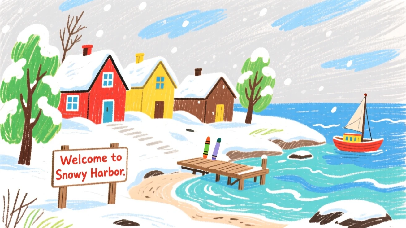 A view of a coastal town blanketed in a light dusting of fresh snow.