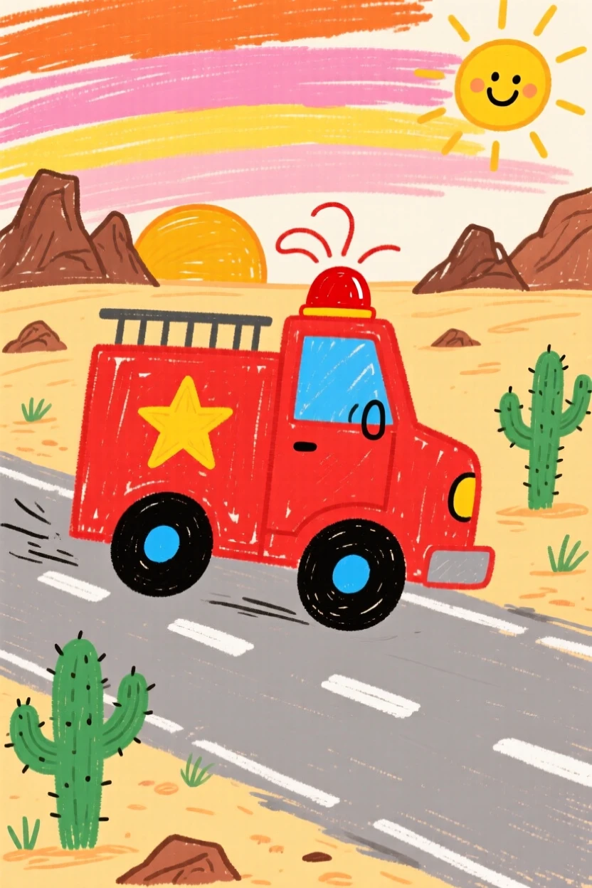 A bright red fire truck racing along a desert highway at sunrise.