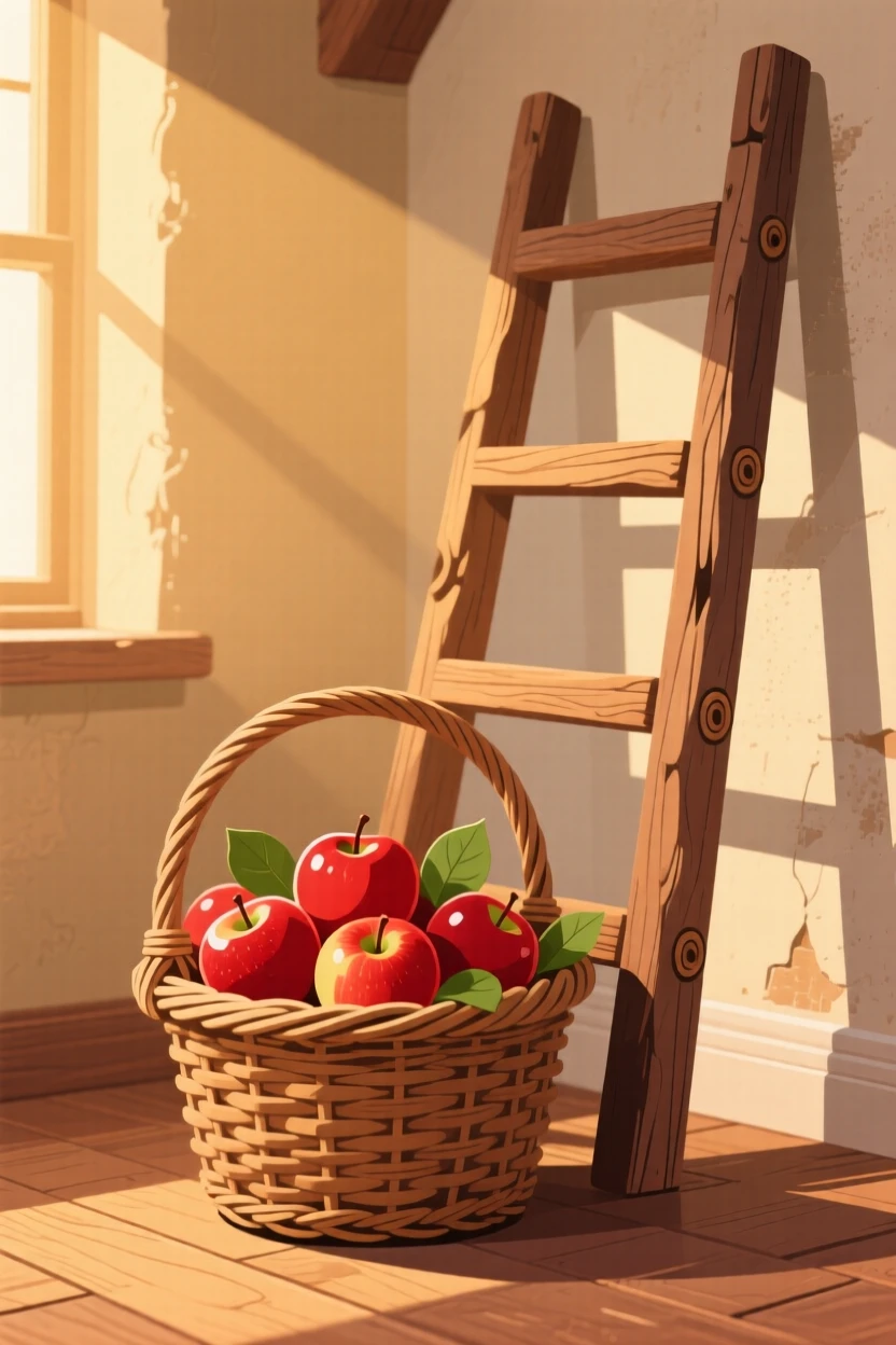 A basket of freshly picked apples beside a rustic ladder, set within a cozy, warmly lit room, composed with soft diagonal lighting for depth, with soft golden light highlighting fine craftsmanship.