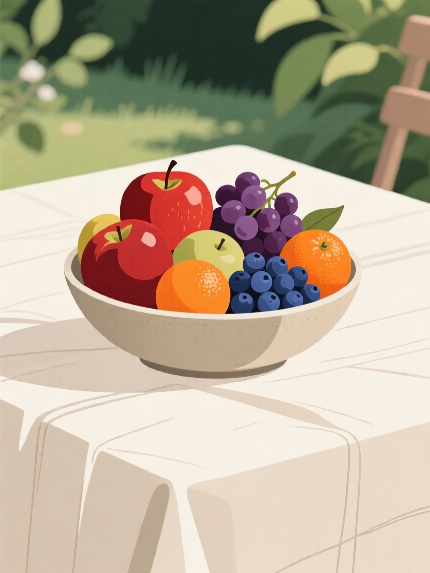 A bowl of seasonal fruit beautifully displayed on a linen tablecloth at a garden party.