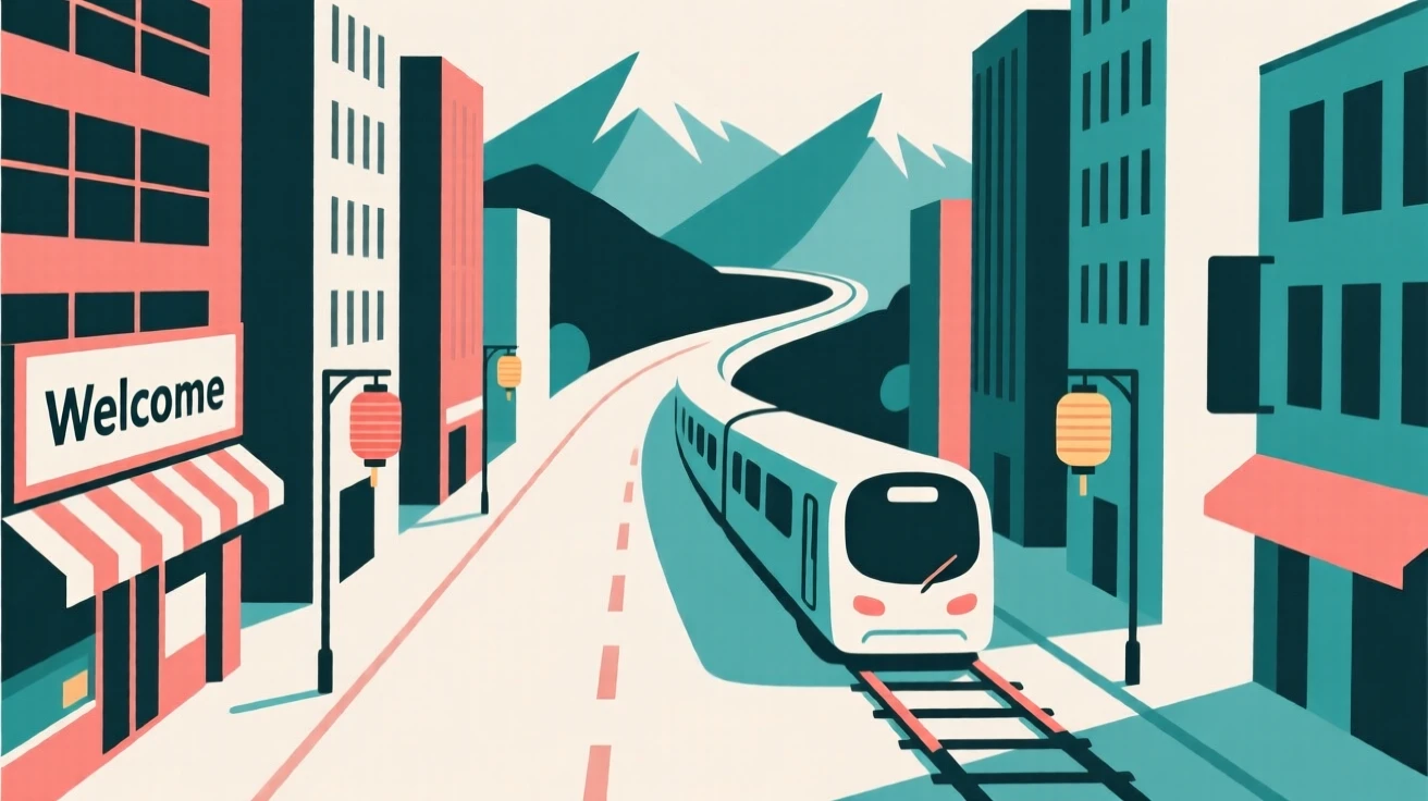 A journey through a vibrant Asian city street toward a train winding through mountains, passing distant mountain peaks, full of peaceful escape.