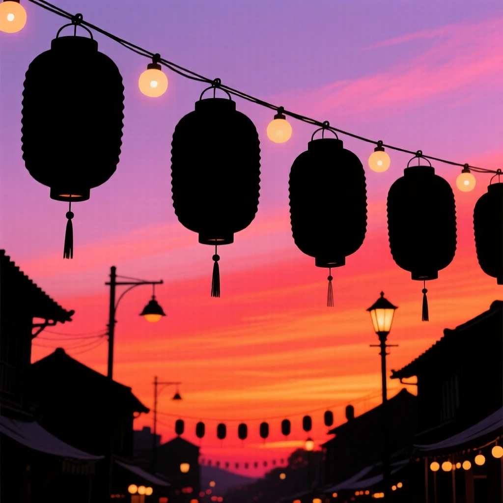 A string of glowing paper lanterns hanging above a festival street at dusk.