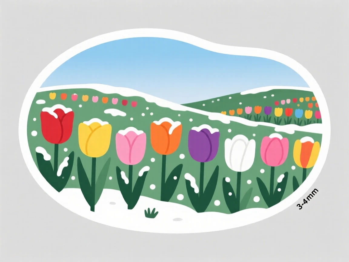 A calm and quiet field of tulips in every color, dusted with a light layer of fresh snow, on a peaceful weekend getaway.