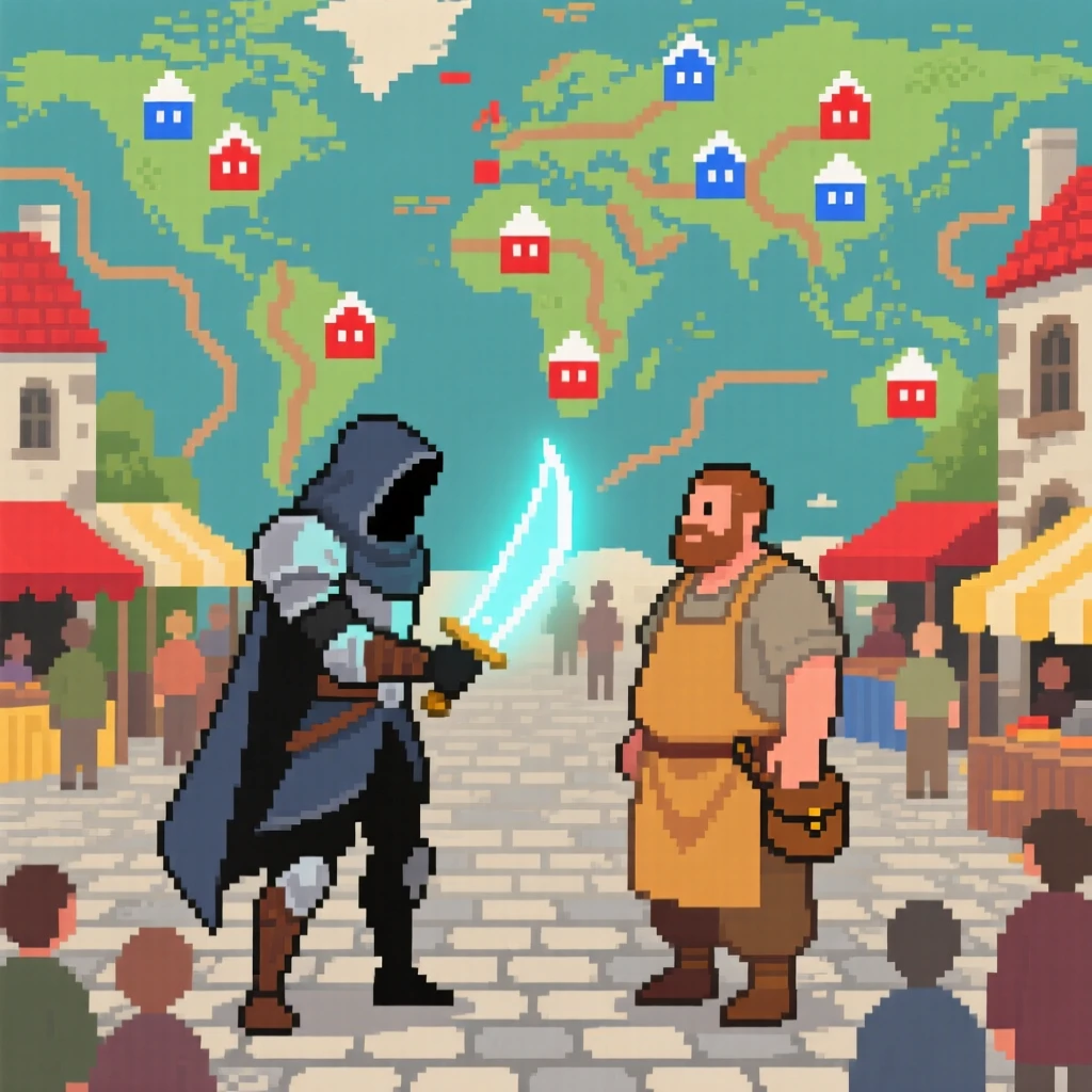 A rogue with a glowing dagger trading with a merchant in a busy town square, on a colorful world map dotted with towns.