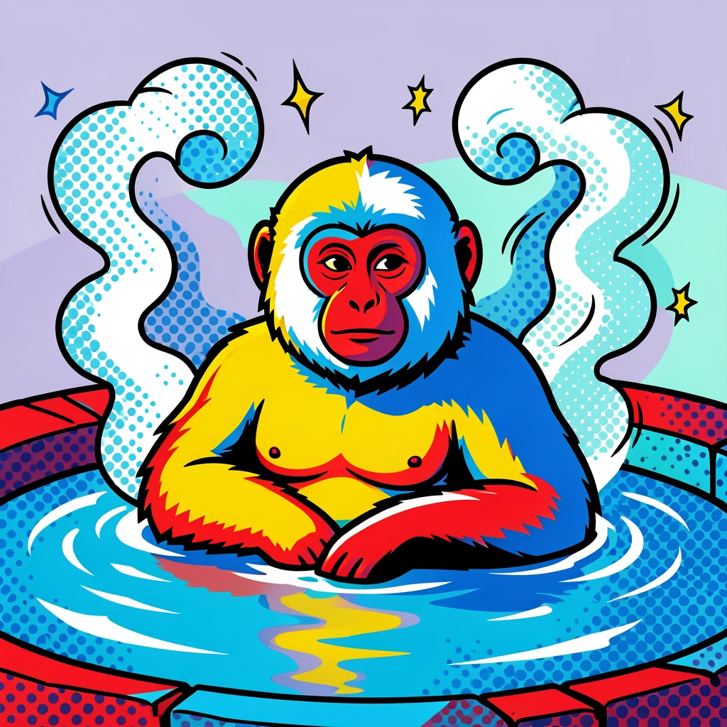 A snow monkey relaxing in a steaming hot spring