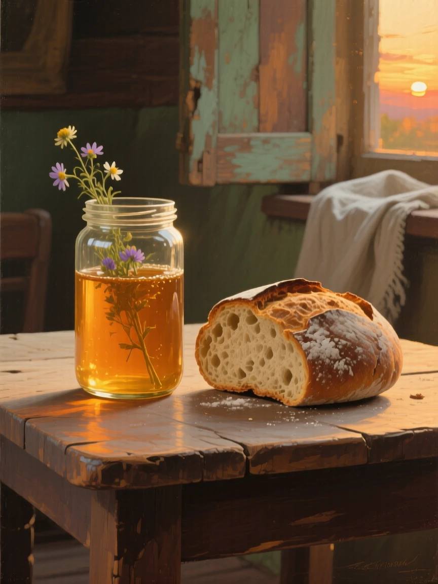 A medium shot of a jar of wildflower honey beside a loaf of crusty bread, in the last light of sunset.