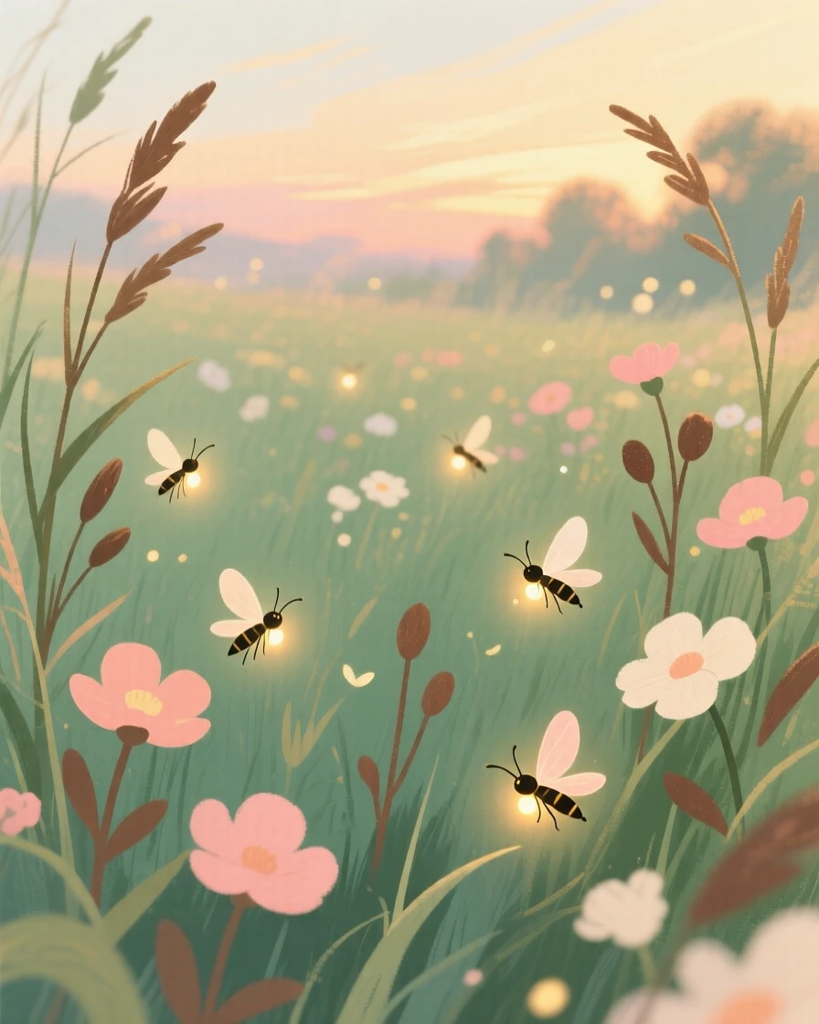A summer meadow filled with fireflies at dusk