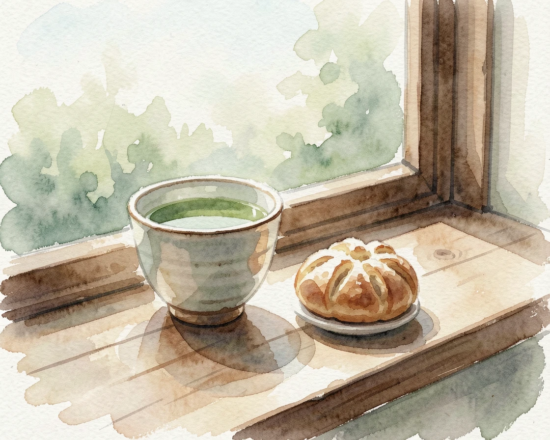 A cup of matcha tea with a small pastry on a windowsill with morning light.