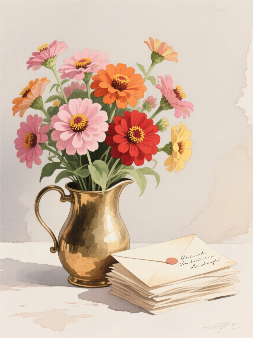 A bouquet of zinnias in soft, layered tones fills a small brass jug beside a stack of handwritten letters, petals catching the gentle light