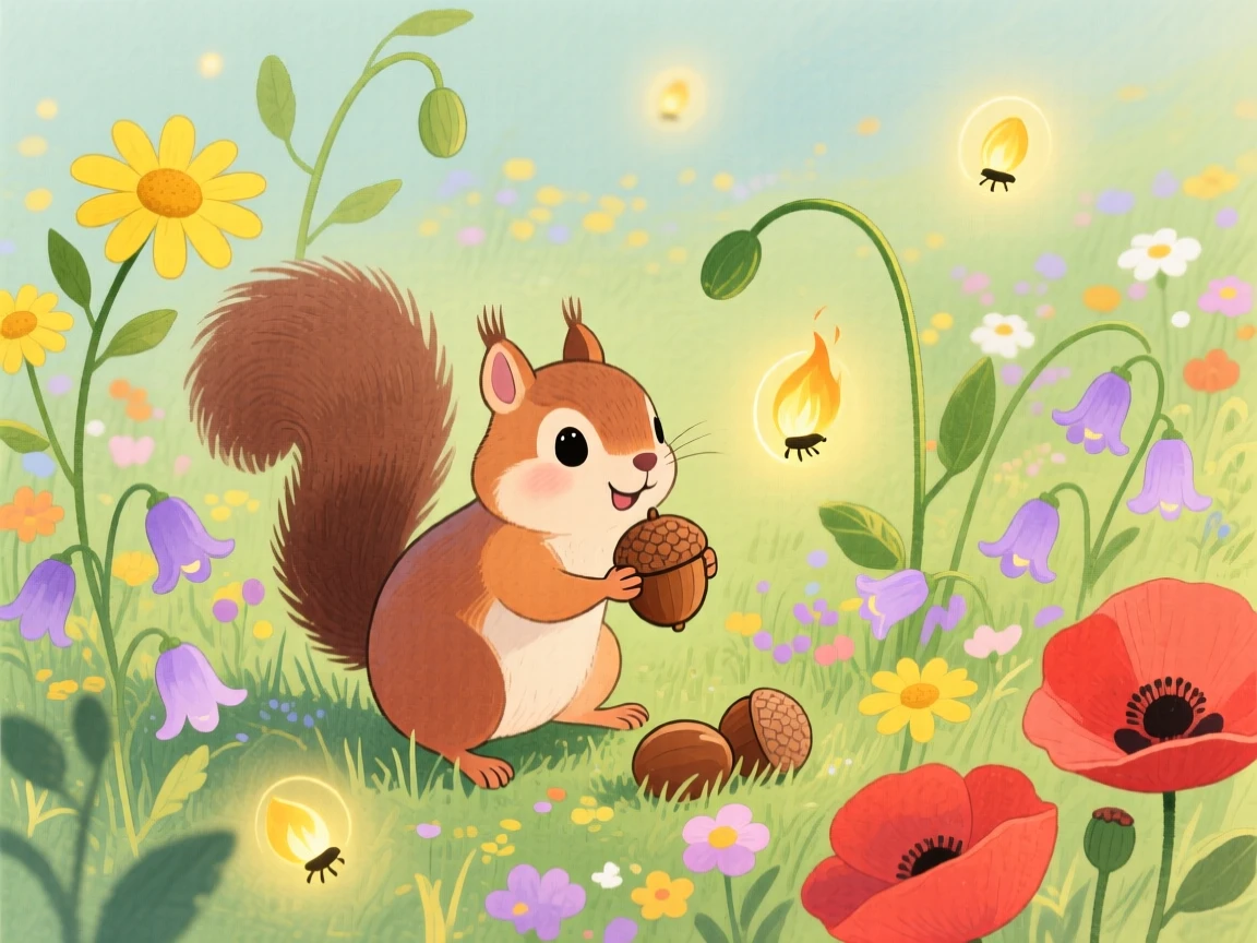 A chipmunk gathering acorns discovering something new in a wildflower field as fireflies begin to glow.