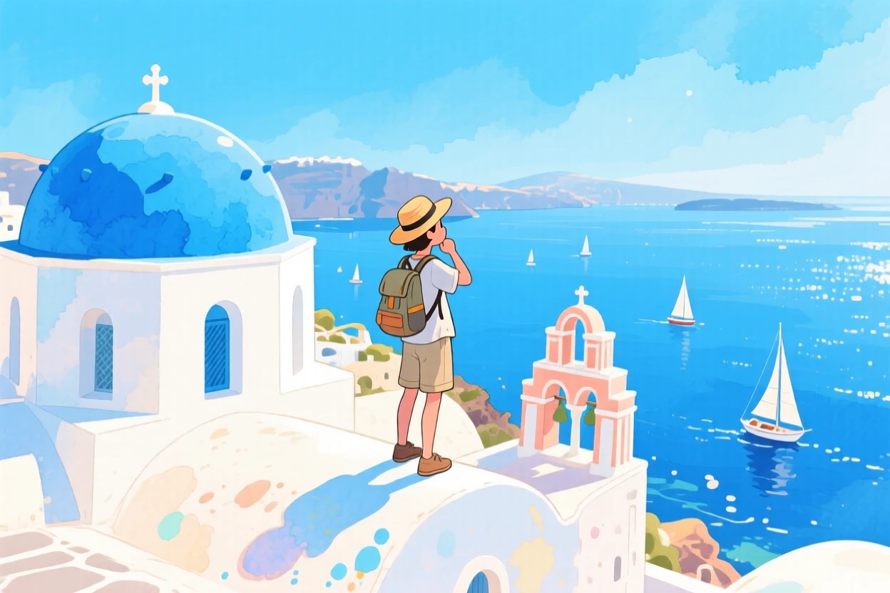 A traveler pauses to soak in the view amid the white-domed rooftops of Santorini overlooking the sea, inspiring a dream of far-off horizons.