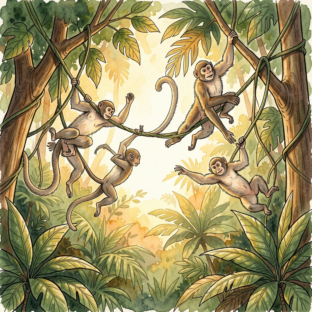 A troop of monkeys swinging through a dense jungle canopy, the golden light of late afternoon warming the scene.