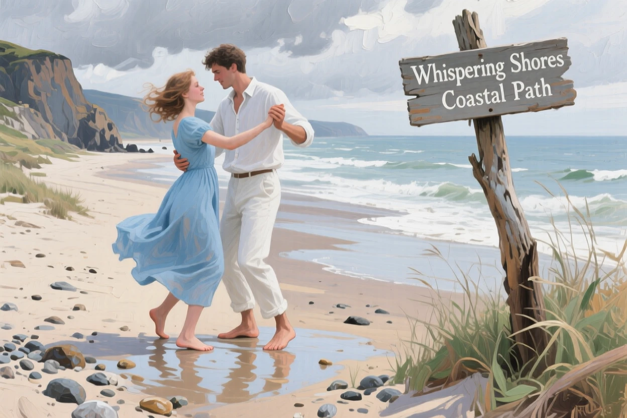 During a soft, overcast afternoon, a young couple dancing barefoot on a beach, along a windswept coastal path, a quiet moment of reflection.
