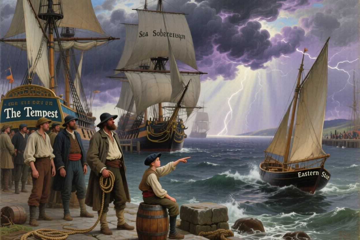 A crew of sailors waits along a harbor crowded with tall-masted ships beneath a sky heavy with storm.