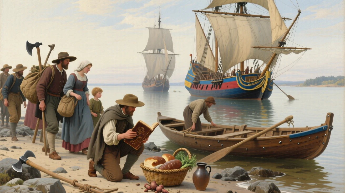Pilgrims arriving on the shores of a new world, ships anchored offshore, capturing the customs and craftsmanship unique to the era, bringing a vivid, immersive moment of history to life
