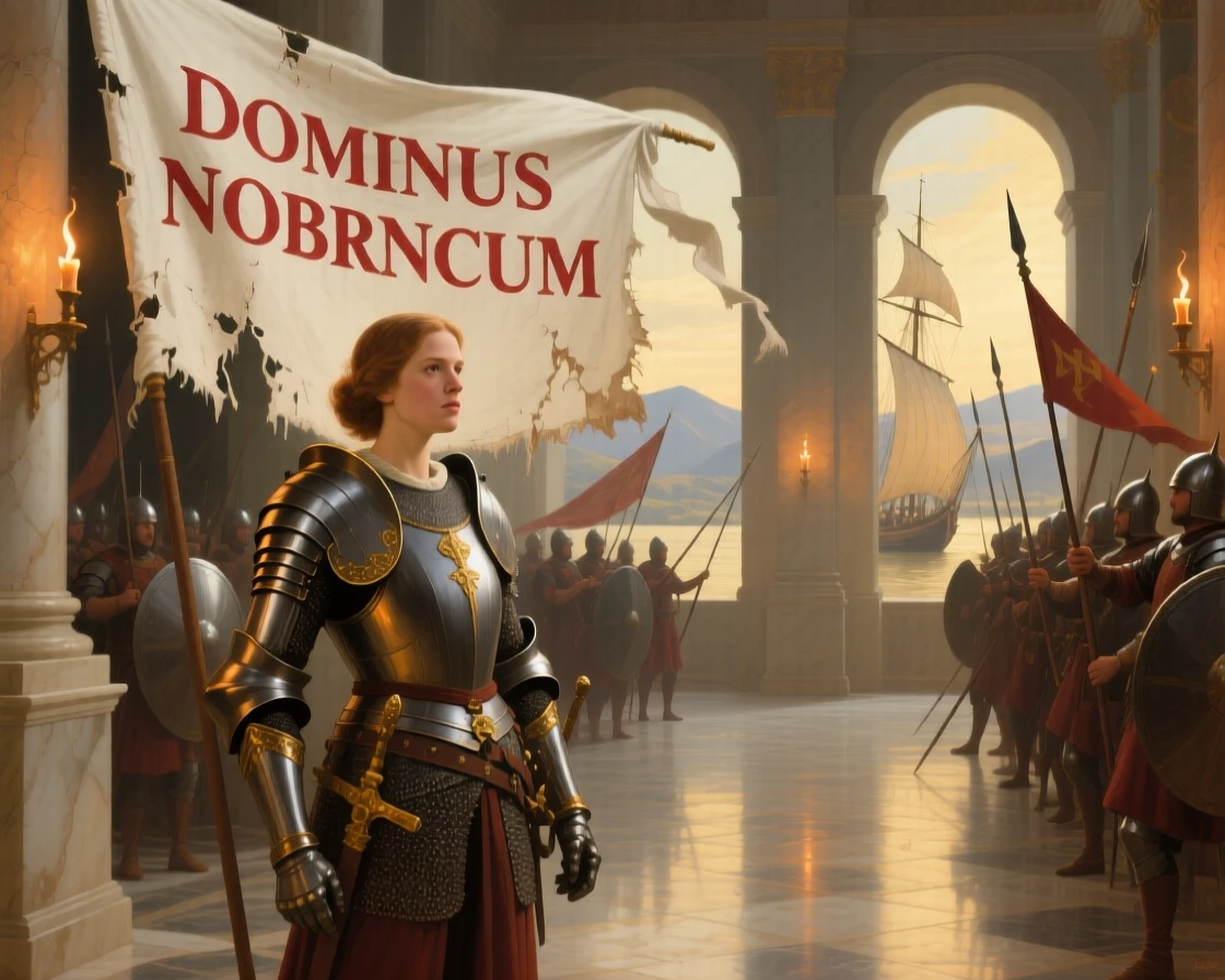 Joan of Arc rallying her soldiers beneath a tattered banner at the exact instant fate is sealed, set within a torch-lit palace hall of gleaming stone, with distant ships and mountains fading into a golden haze; diagonal lines of spears and banners lead the eye to the central figure, evoking awe, destiny, and the weight of history.