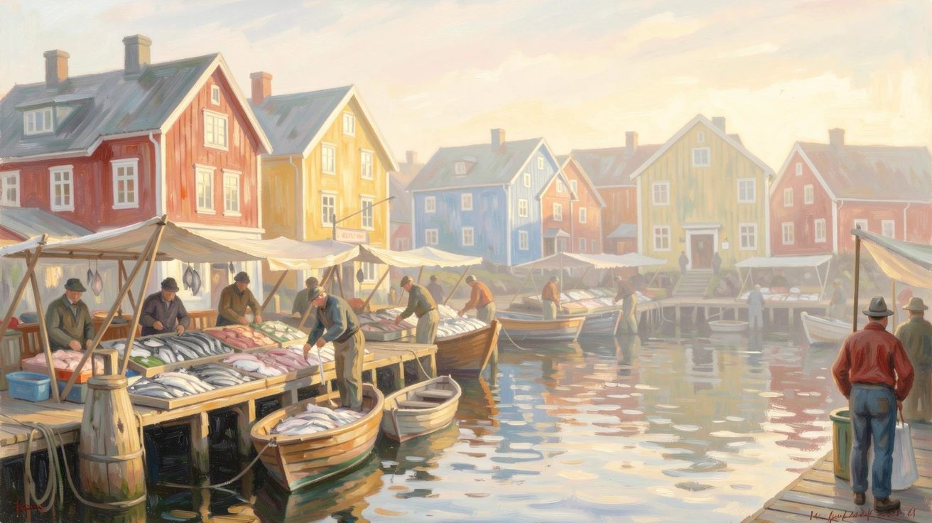 A busy fish market on the docks of a Norwegian fishing village beneath colorful wooden houses, in the gentle hush of early morning, filled with warmth and nostalgia.